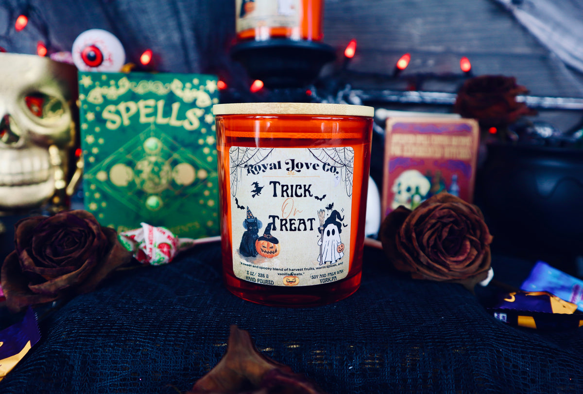 Trick or Treat Artisan Candle 8 oz with Engraved Wooden Lid